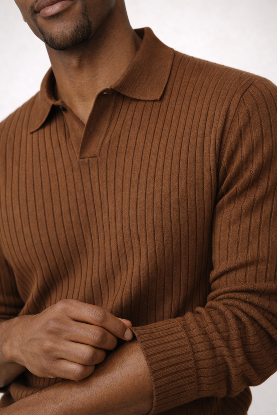 Rib Knit Open Collar  Polo