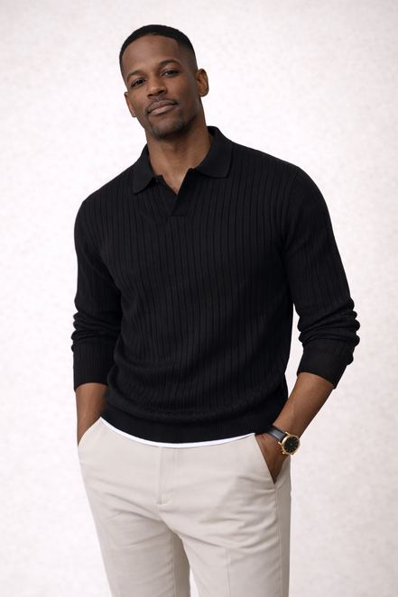Rib Knit Open Collar  Polo
