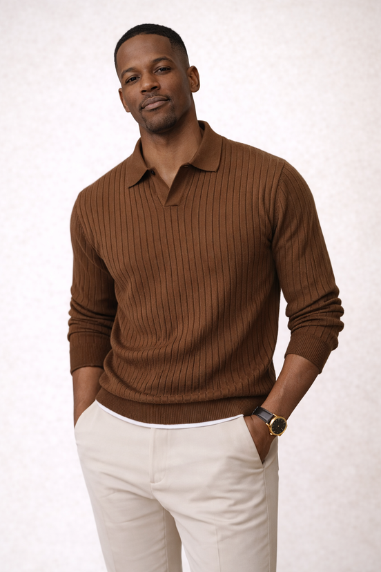 Rib Knit Open Collar  Polo