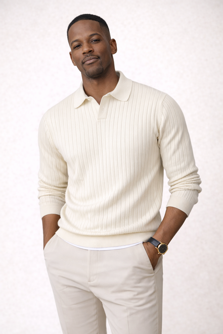 Rib Knit Open Collar  Polo