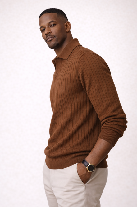 Rib Knit Open Collar  Polo